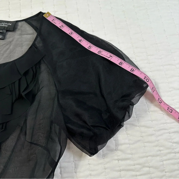 St. John Couture 100% Silk Elegant Black Caviar Sheer Blouse With Puff Sleeves - Picture 9 of 11